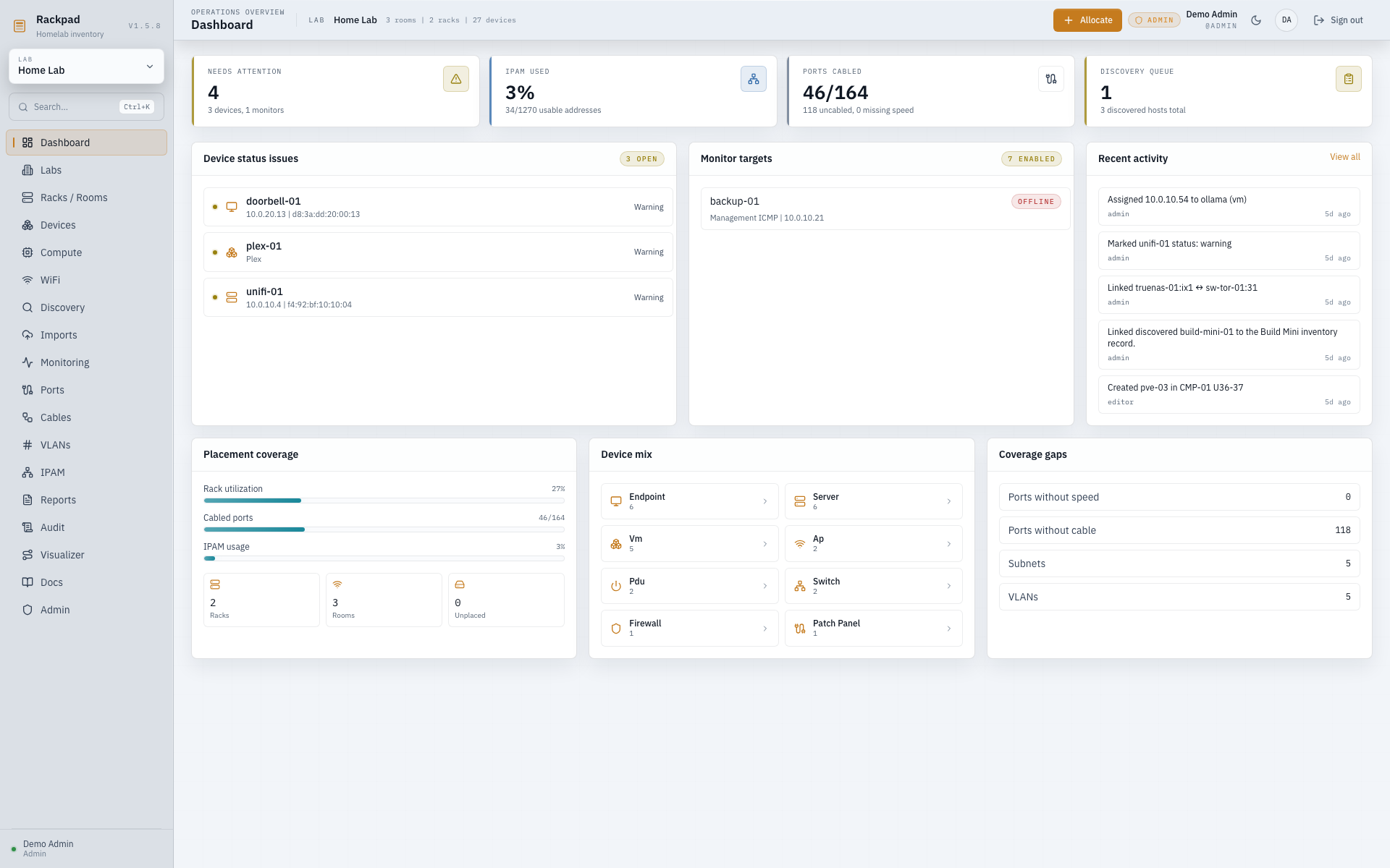 Rackpad operations dashboard in light theme