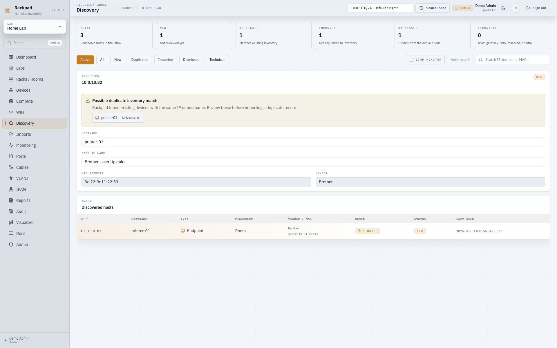 Rackpad discovery inbox with subnet scan results