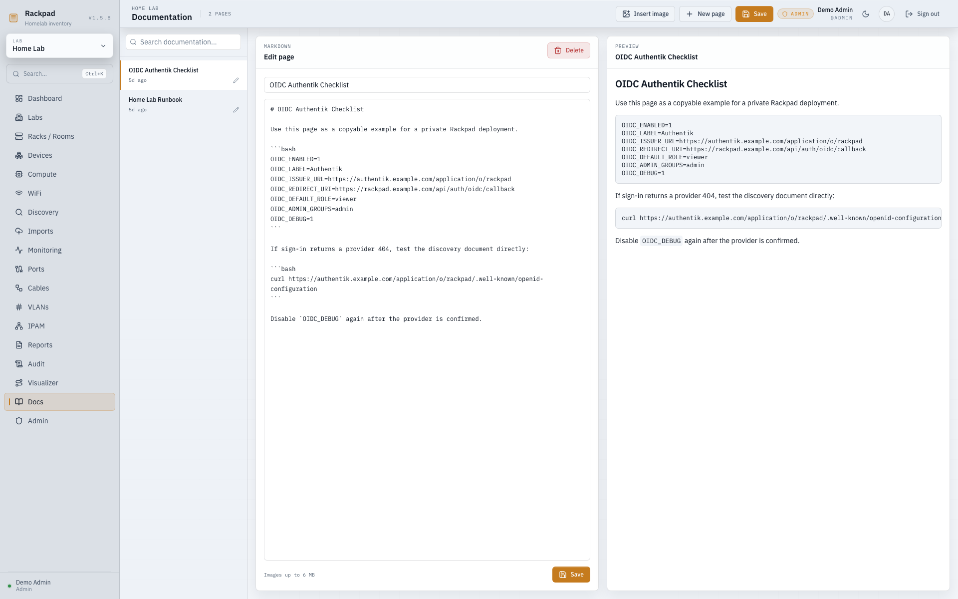Rackpad documentation workspace with markdown runbooks