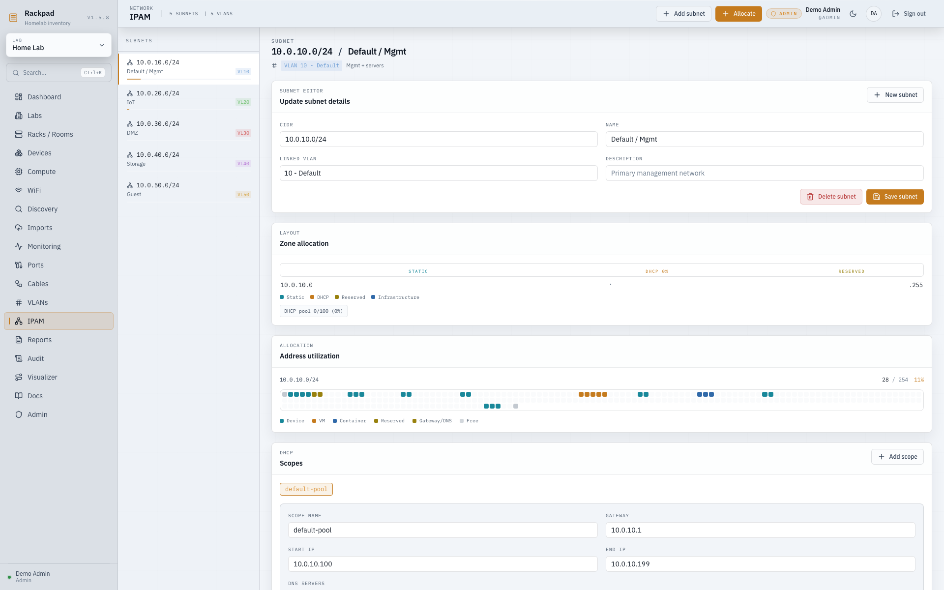 Rackpad IPAM workspace with subnets, DHCP scopes and reservations