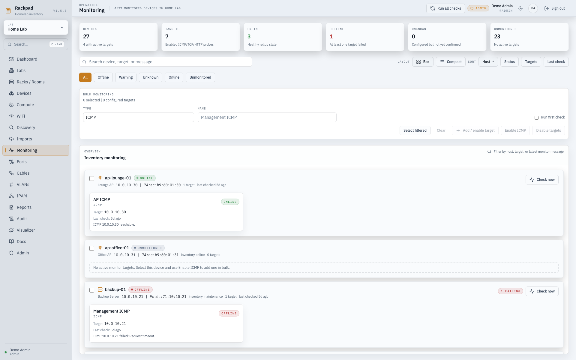 Rackpad monitoring workspace with ICMP, TCP, HTTP and SNMP checks
